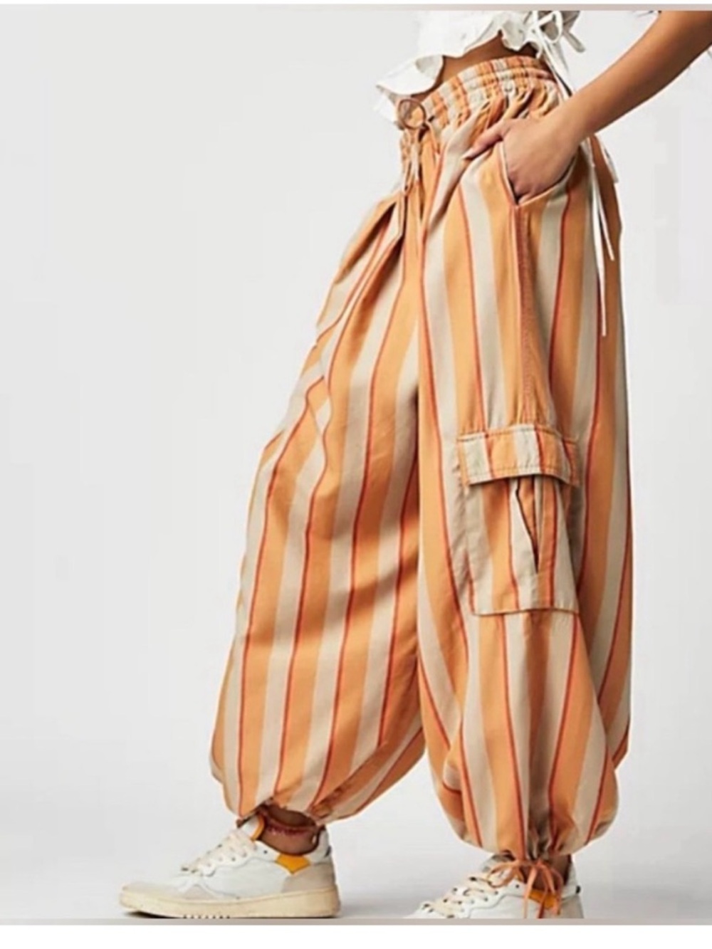 Free People Cream and Orange Striped Wide-Leg Cargo Pants